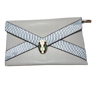 Faux Snake Skin Gray Evening Clutch 10X6.5" Bag Purse Handbag w-Gray Zip Pouch